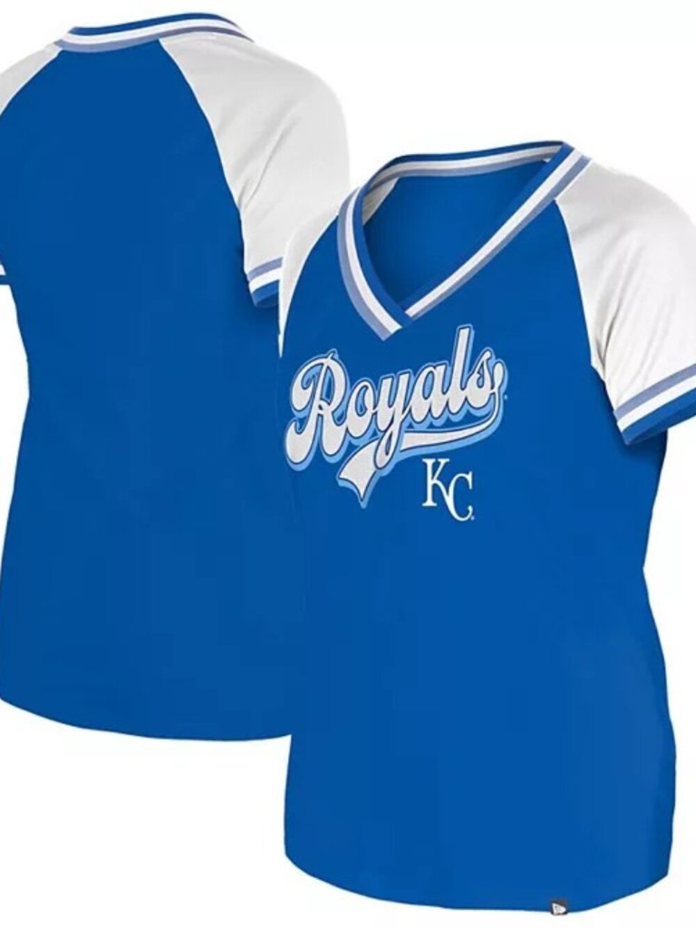 Women MED New Era Royal Kansas City Royals Glitter Gameday Raglan V-Neck T-Shirt